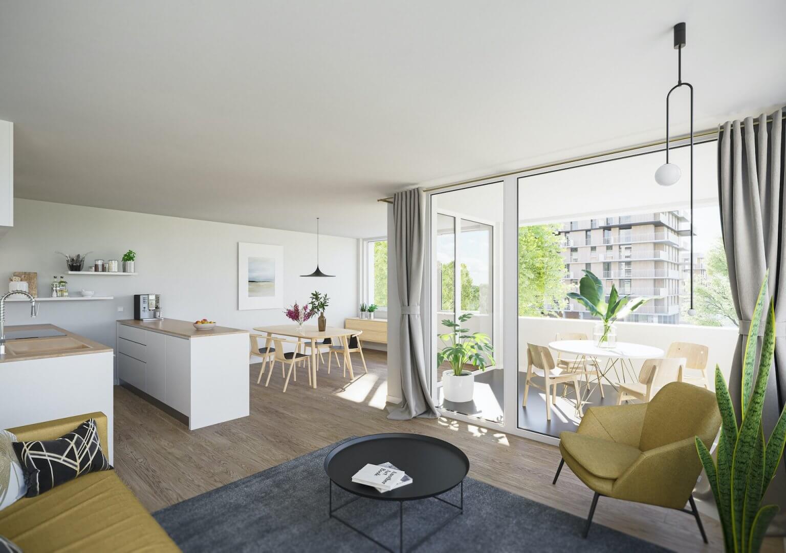 Wohnküche mit vollverglaster Loggia im Haus C (Architektur: Pentaplan)